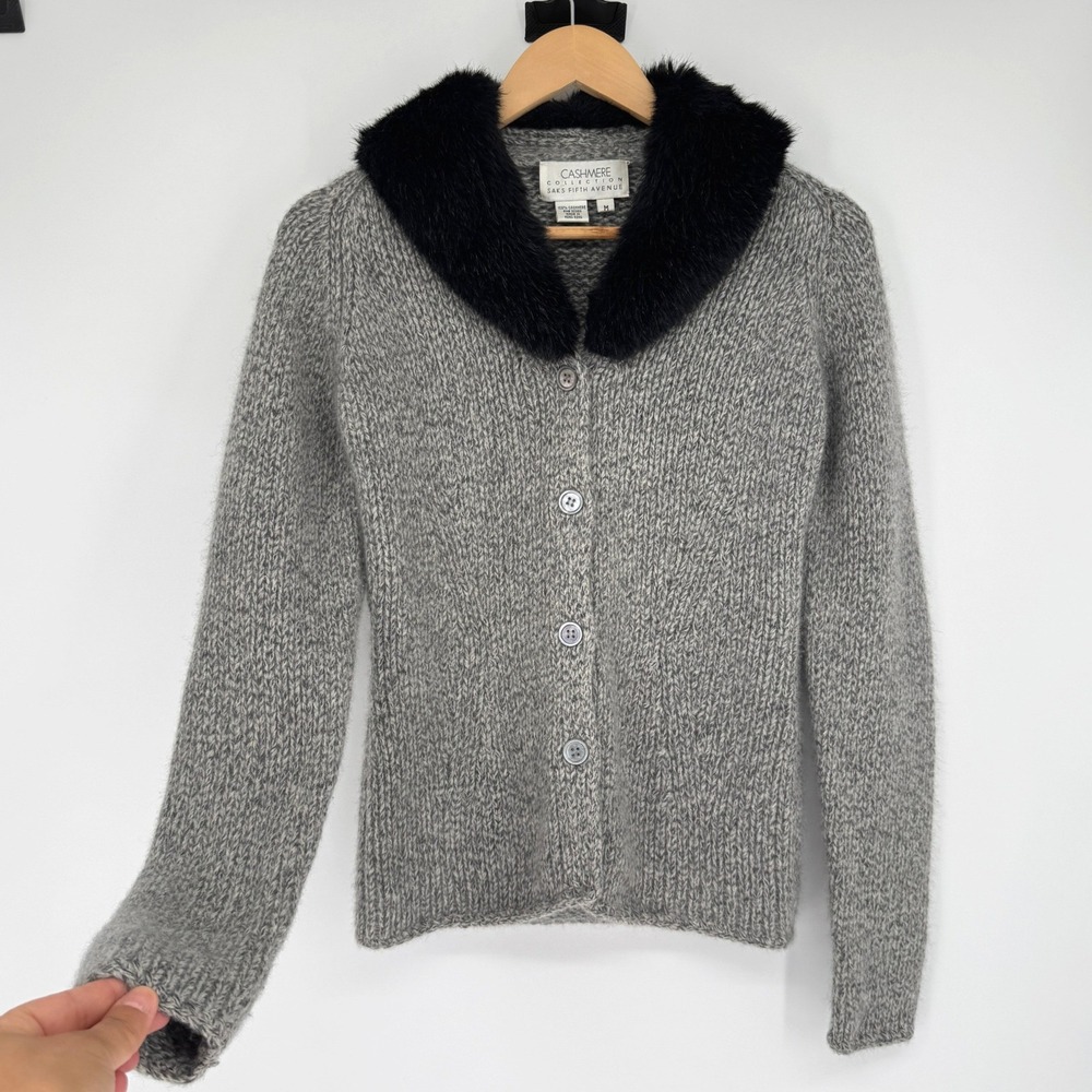 Vintage Saks Fifth Avenue 100% Cashmere Cardigan M Faux Fur Trim Grey Old Money
